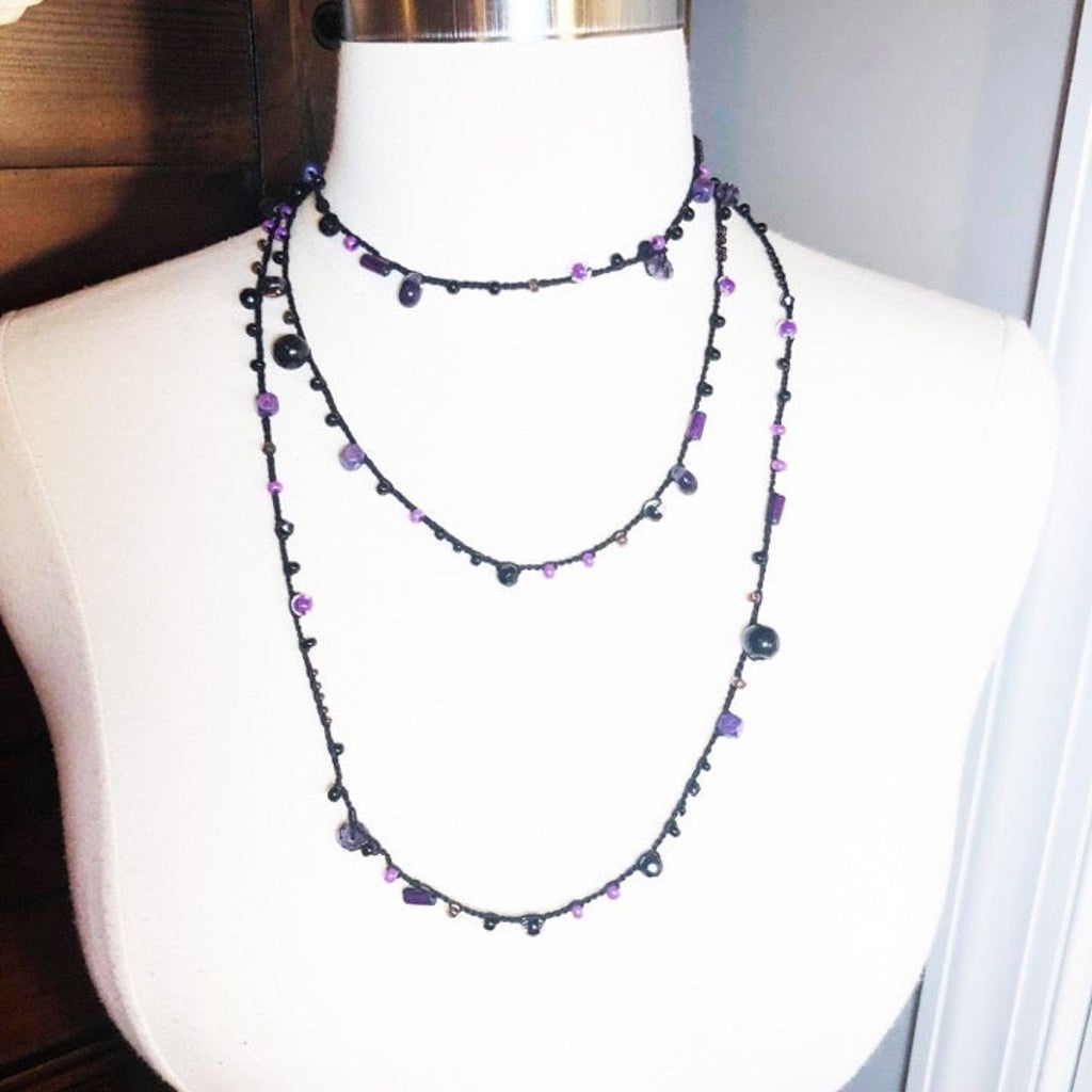 Long Beaded Boho Wrap Crochet Necklace / Black & Purple Beaded Layering Necklace